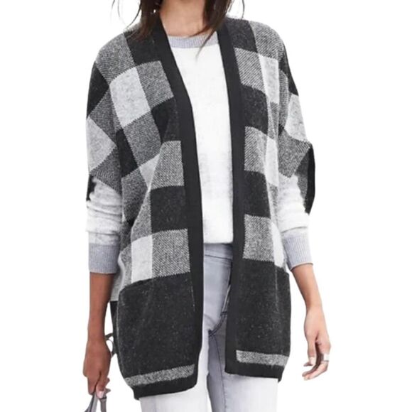 𝅺BANANA REPUBLIC Buffalo Check Black & White Wool Sweater/Cape Cardigan S… - Picture 1 of 12